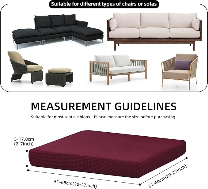 8Pcs Stretch Patio Cushion Cover Outdoor Cushion Cover Slipcovers Couch Cover Waterproof Replacement Sofa Cushion Covers Thick Jacquard Textured Twill Fabric Porch Patio Furniture Protector（Wine Red）