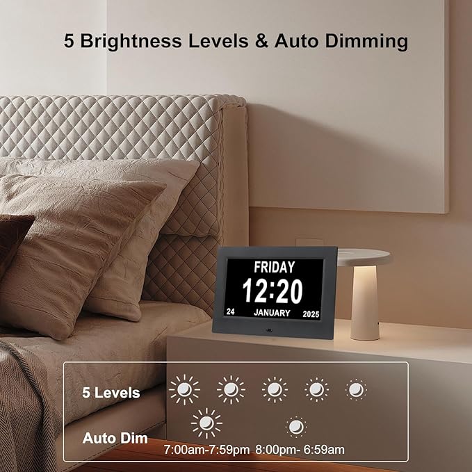 Black Clock with Day and Date for Elderly Dementia Patients-Large Number Digital Clocks for Seniors-Digital Calendar Day Clock for Seniors Large with 12 Alarms, Auto Dimming