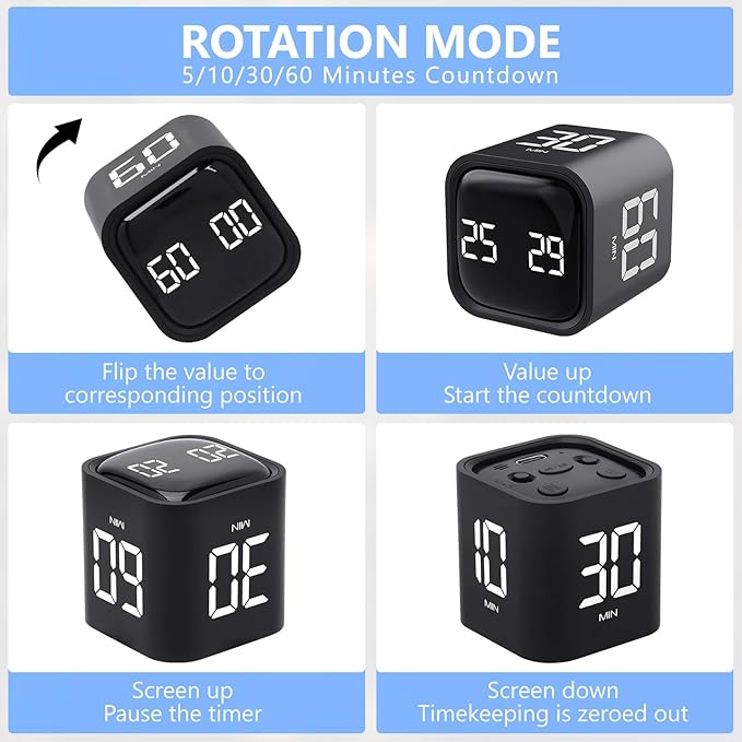 Digital Cube Productivity Timer - Rotating Pomodoro Timer with Gravireceptor 5-10-30-60 Min Custom Countdown, Vibration & Adjustable Volume for Learning Office Kitchen Desk, Black