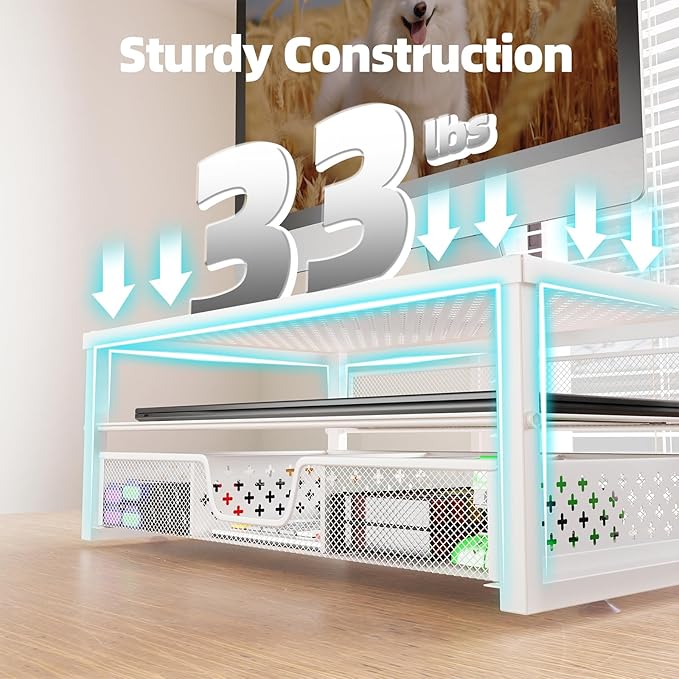 Simple Trending Metal Monitor Stand Riser and Computer Desk Organizer with Drawer for Laptop, Computer, iMac, White