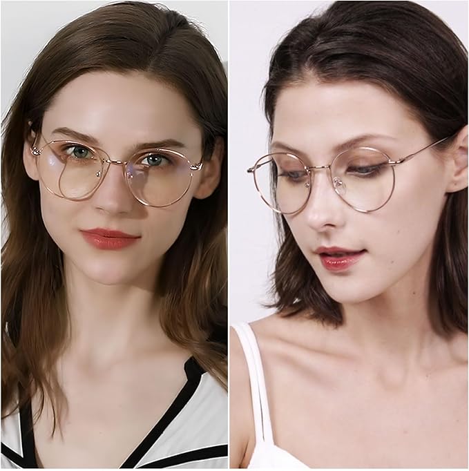 ANDWOOD Blue Light Blocking Glasses Women Men Small Face Computer Clear Bluelight Blocker Super Lightweight Metal Frame Round