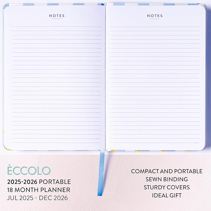 2025-2026 Eccolo 18 Month Bound Planner, Monthly & Weekly Pages (5.25 x 7.75" - July 2025 - Dec 2026 - Lemon Blue Stripes)