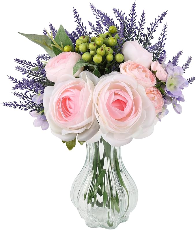 Faux Flowers in Vase for Table Decor, Fake Roses Lavender Plant Artificial Flowers in Vase, Silk Flower Bouquet Floral Arrangements for Home Decor Indoor Office Kitchen Coffee Table Centerpiece, Pink