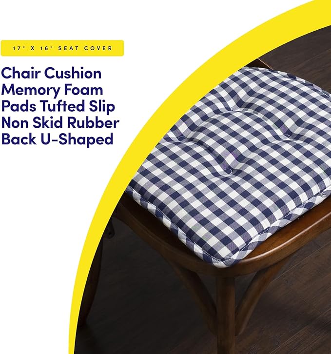 Sweet Home Collection Chair Cushion Memory Foam Pads Tufted Slip Non Skid Rubber Back U-Shaped 17" x 16" Seat Cover, 6 Pack, Checkered Navy/White