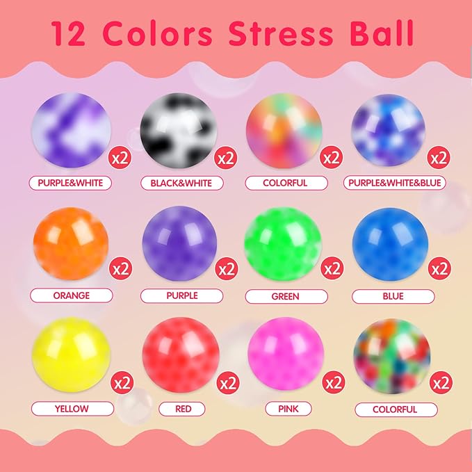 24 Pack Stress Balls, Squishy Ball, Squeeze Balls for Adults, Anti-Anxiety and Fidget Balls to Relax, Party Favors, Birthday Gifts, Goodie Bag Stuffers