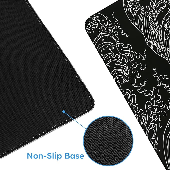 iCasso Mousepad, Gaming Mouse Pad, XXL Large Desk Mat, Big Rubber Base Mouse Mat with Stitched Edges, Computer Keyboard Desk Pad for Work, Game, Office, Home - Black Wave of Kanagawa