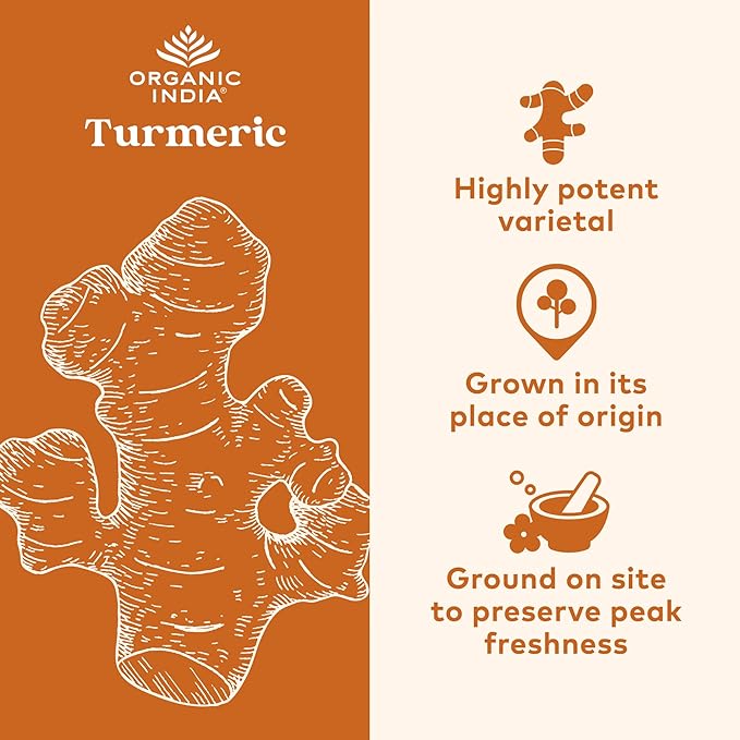 Organic India Spiced Turmeric Latte Powder - Golden Milk Mix, Authentic Blend, Gold Tea Drink, With Ginger and Cinnamon, Vegan, Ayurvedic Herbs, Caffeine Free, Zero Added Sugar - 3.52 Oz