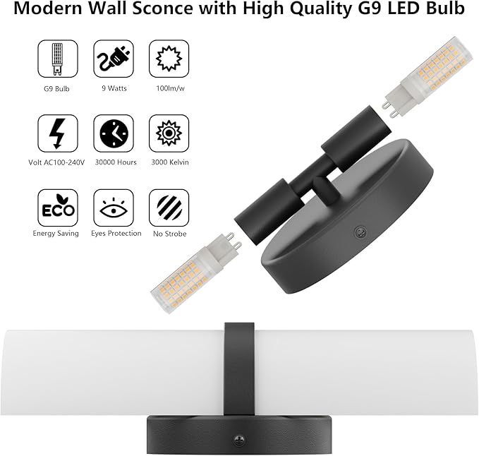 Black LED Wall Sconce Set of 2 Indoor Hardwired Up and Down Wall Lights for Living Room Bedroom Hallway Corridor Warm White 3000K (Without G9 Bulbs)