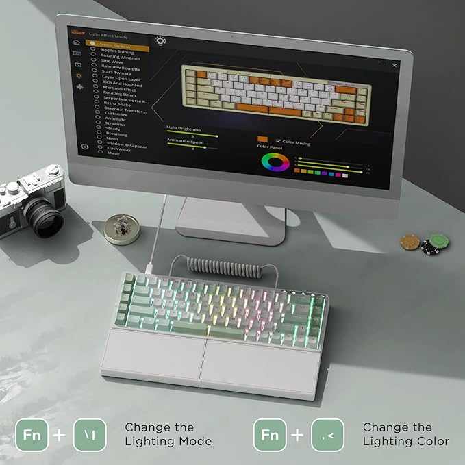 RK ROYAL KLUDGE RKS70 Ergonomic Split Mechanical Keyboard, Wireless Bluetooth/2.4G/Wired Keyboard with Wrist Rest, 75% RGB PC Gaming Keyboards for Win/Mac, Hot Swappable Silver Grey Switches, White