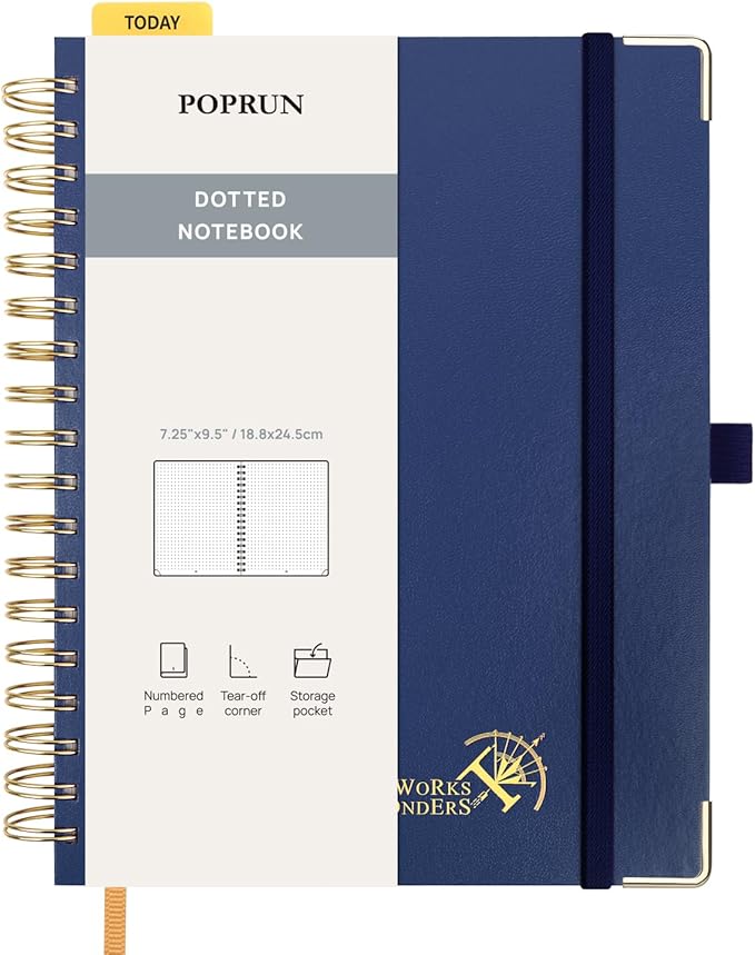 POPRUN Spiral Dotted Journal Notebook, 7-1/4" x 9-1/2" - 120 GSM Thick Paper, 220 Numbered Pages, Hardcover for Men & Women with Pocket, Index Tabs, 8 Perforated Sheets, Navy Blue