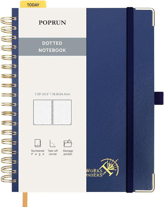 POPRUN Spiral Dotted Journal Notebook, 7-1/4" x 9-1/2" - 120 GSM Thick Paper, 220 Numbered Pages, Hardcover for Men & Women with Pocket, Index Tabs, 8 Perforated Sheets, Navy Blue