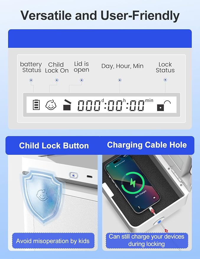 Metal Timed Lock Box with Emergency Unlocking, Phone Locked Box with Timer, Locking Container, Audio Prompt, Self-Control Safe Locker for Cellphone/iPad Mini/Medicine (Large)