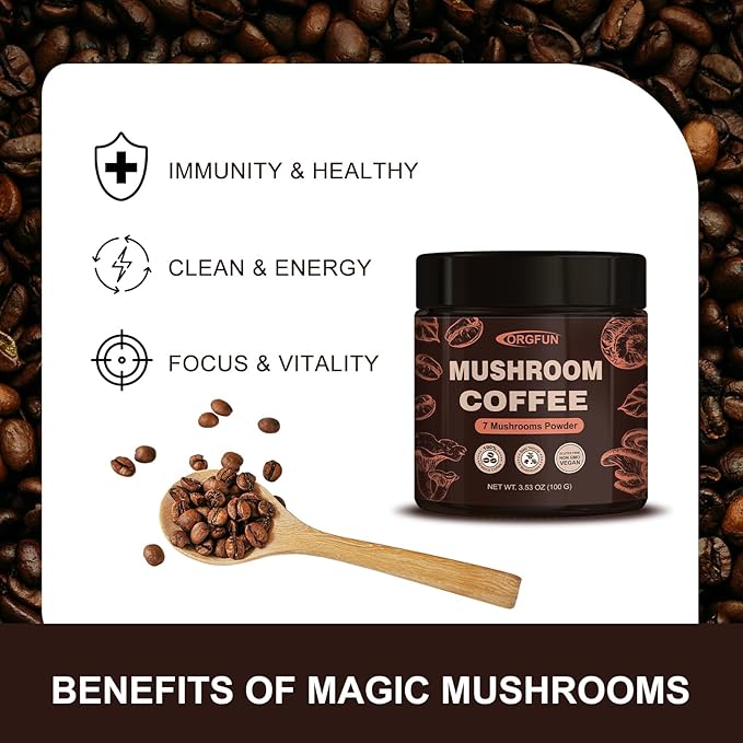 ORGFUN Premium Mushroom Coffee with 7 Superfood Mushrooms, Great Tasting Arabica Instant Coffee, Includes Chaga, Lion's Mane, Reishi, Cordyceps, Maitake, and Turkey Tail, Shiitake 3.53 Oz