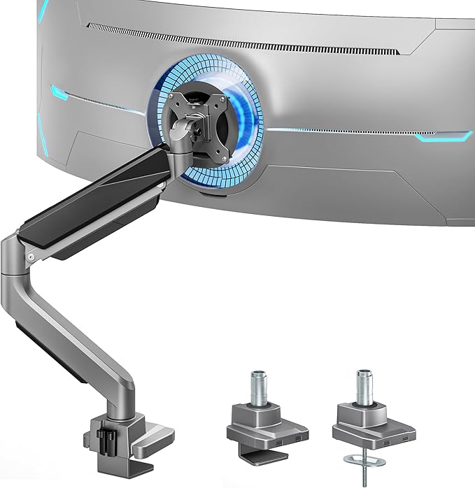 ARES WING Ultrawide Monitor Arm, Heavy Duty Single Monitor Mount for 13"-49" Curved Screens, Adjustable Stand for Desk with C-clamp & Grommet Base up to 40 LBS, Gray