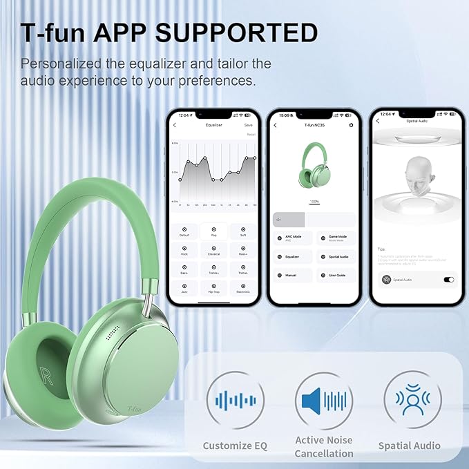 T-fun NC35 Hybrid Active Noise Cancelling Headphones, 360° Spatial Audio with Head Tracking, Over Ear Headphones Wireless Bluetooth 5.3, 55H ANC Playtime, Deep Bass, Custom EQ via App, for Travel Home