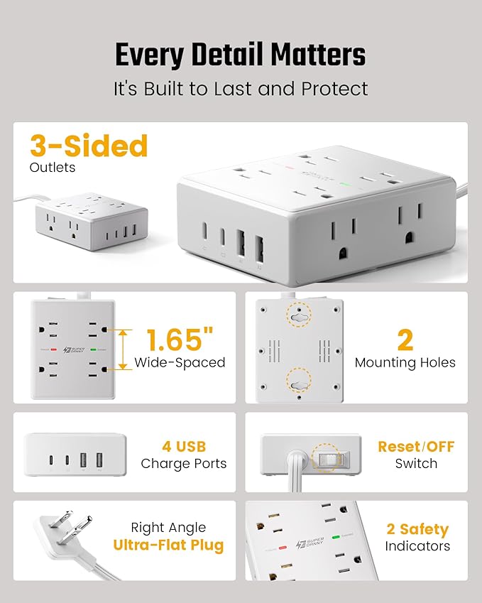 10Ft Extension Cord with Multiple Outlets, Flat Plug Surge Protector Power Strip 10 Ft Long Cord, 8 Outlets & 4 USB Ports (2 USB C), Desk Charging Station for Home Office, College Dorm Room Essentials