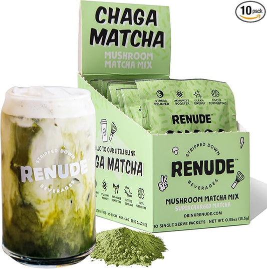 Renude Chaga Matcha - Chaga Mushroom Powder, Superfood Drink Mix with Adaptogens, Ceremonial Grade Mushroom Matcha, Keto, Vegan, Sugar Free, Natural Energy and Immune Support - 10 Servings