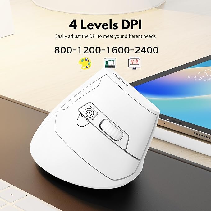 Vertical Mouse Wireless, 2.4G Rechargeable Mouse with Battery Indicator,4 Level DPI,Ergonomic Design for Comfort and Reduced Wrist Strain, Ideal for Home,Office Use (White)