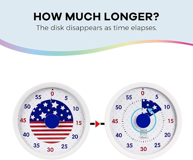 TWENTY5 SEVEN Countdown Timer 3 inch, Silent 60 Minute 1 Hour Visual Timer with Pause, Magnetic Classroom Teaching Tool Office Meeting, Countdown Clock for Kids Time Management, Red White and Blue