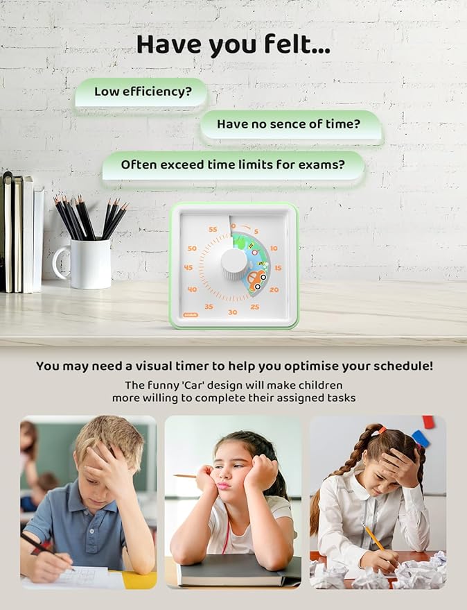 LIORQUE 60 Minute Visual Timer for Kids, Visual Countdown Timer for Classroom Office Kitchen with 'Car' Pattern Design, Pomodoro Timer with Silent Operation (Batteries Included)