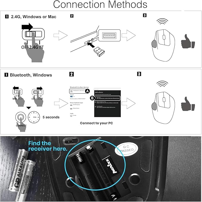 Perixx PERIMICE-720, Wireless Ergonomic Trackball Mouse with Adjustable Angle, Black (11449)