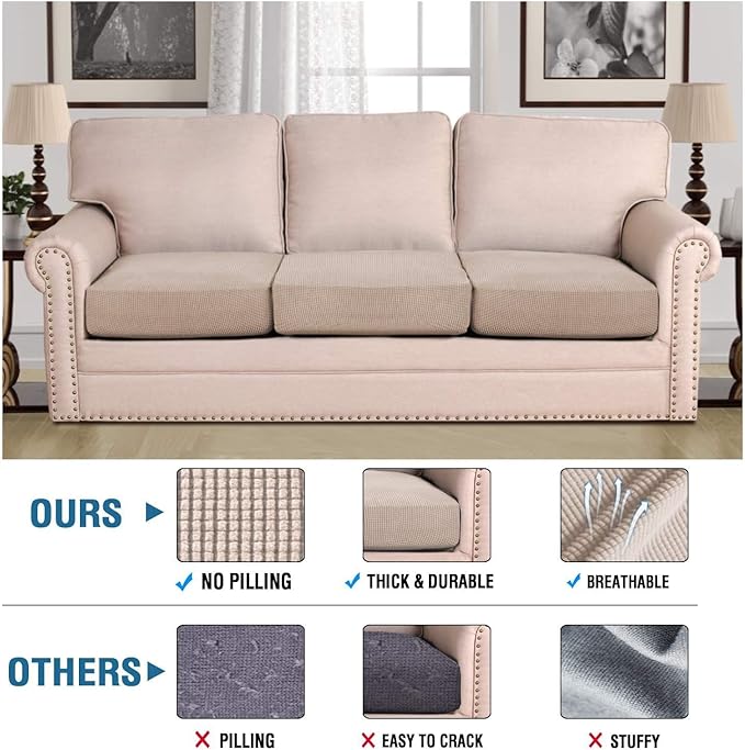 H.VERSAILTEX Super Stretch Individual Seat Cushion/Couch Slipcover Sets Thick Jacquard Textured Twill Fabric (3 Piece Sofa Covers, Sand)