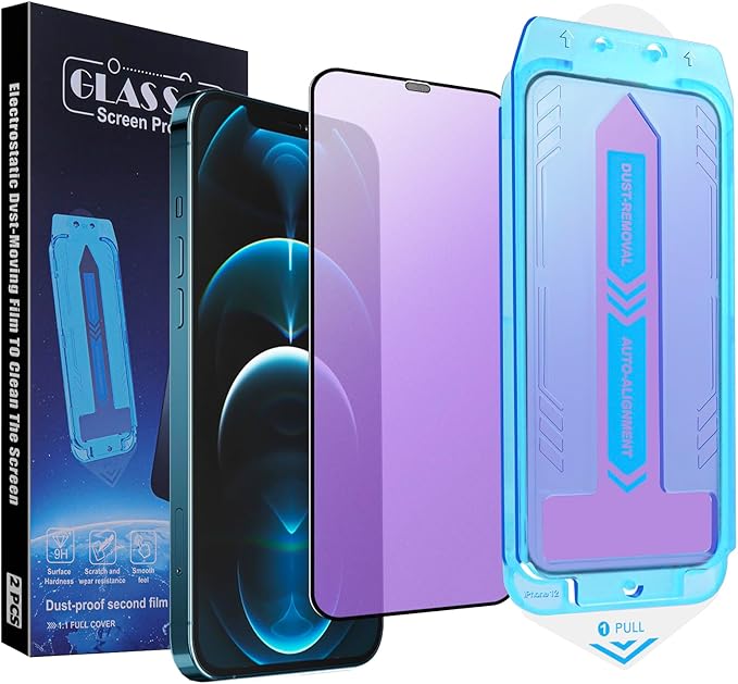2-Pack Anti Blue Light Matte Screen Protector for iPhone 12 Pro/iPhone 12, 9H Tempered Glass, Full Coverage, Anti-Fingerprint, Auto Dust-Elimination, No Bubble, Easy Installation