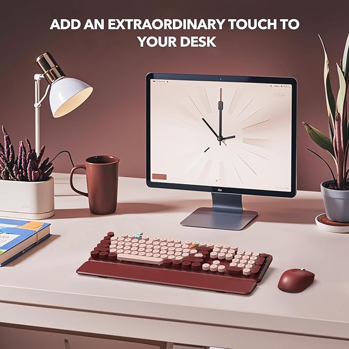 Wireless Keyboard and Mouse Combo - Retro Keyboard with Round Keycaps, Full-Size Typewriter Keyboard with Detachable Wrist Rest, 2.4GHz Connection for Mac/Windows/PC (Wine Red)