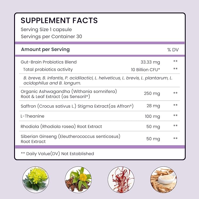 UpNourish Organic Ashwagandha Saffron Supplements with Probiotics - Stress Relief, Mood Enhancer, Calm Happy Pills Support Fatigue Focus Clarity with L-Theanine, Rhodiola, 30 Vegan Capsules