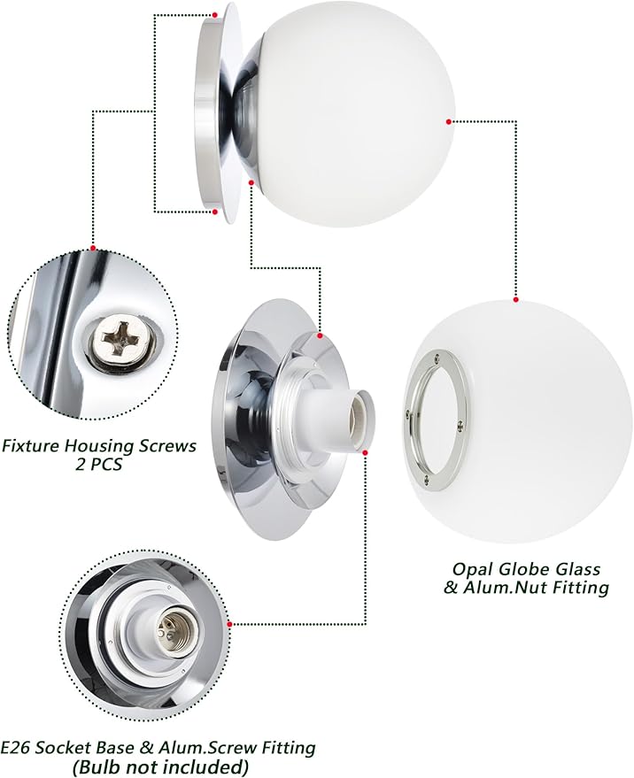 Wall Sconces, 1 Light Modern Globe Sconce, Wall Light for Bedroom Bathroom Living Room & Hallway Vanity Lighting, Ceiling Light Fixture (1-Light, Chrome)