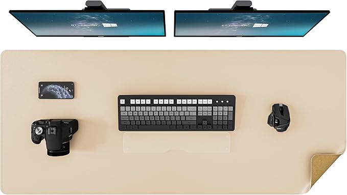 DAWNTREES Dual Sided Desk Mat,Leather Desk Pad,47.2''x15.8'',Cork Desk Mat Protector,with PU Leather Valet Tray Organizer,Large Mouse Pad,Desk Writing Pad for Office and Home(Khaki)