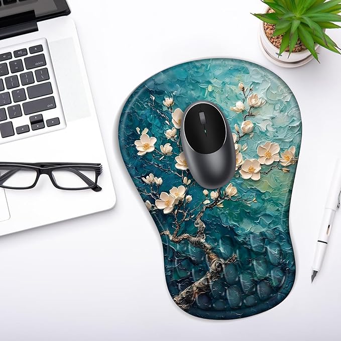 Ergonomic Mouse Pad with Wrist Rest Support, Mousepad with Comfortable Memory Foam Wrist Rest and Non-Slip PU Base for Pain Relief, Computer, Laptop, Office, Home (Plum Plossom)