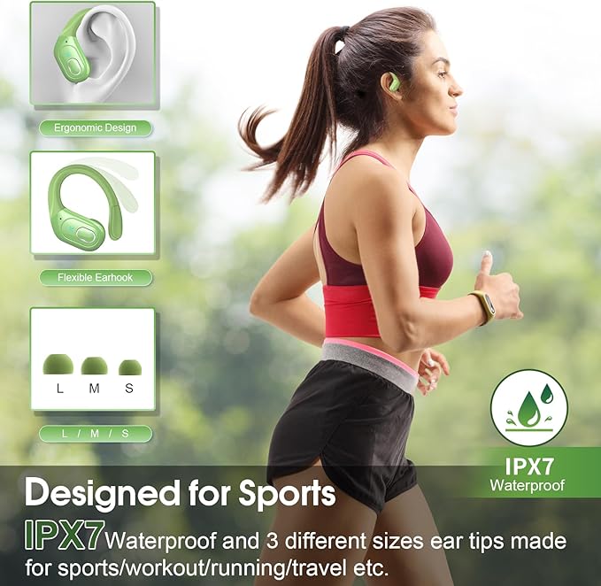 Wireless Earbuds 75hrs Bluetooth 5.4 Headphone Sport, 2025 Bluetooth Earbuds Stereo Deep Bass Over Ear Bud with Earhooks, ENC Noise Cancelling Mic, IPX7 Waterproof Earphone, Green