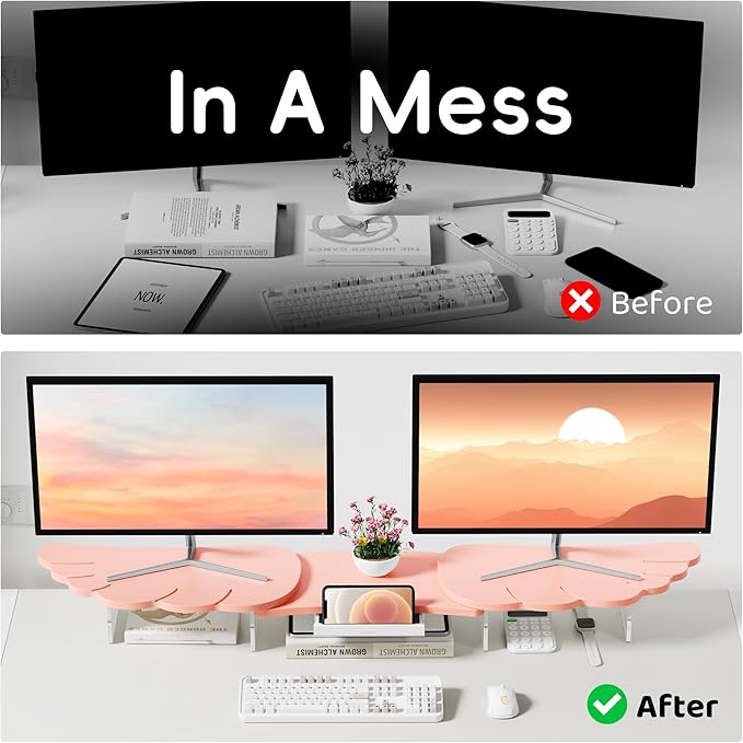 Dual Monitor Stand Riser,Wing-Shaped Sturdy Desktop Computer Wood Stand for 2 Monitors Cute Monitor Riser for Laptop, PC, Computer,Pink