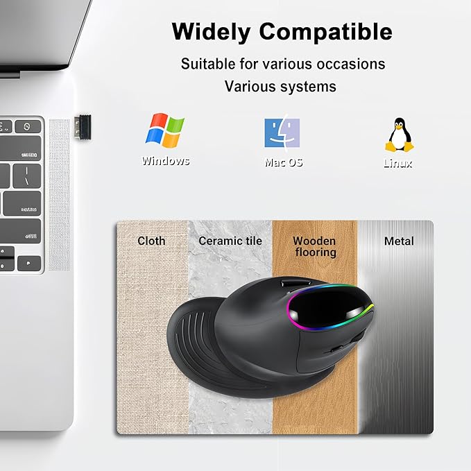 RGB Vertical Mouse 2.4G Wireless Bluetooth Wired Tri-Mode Ergonomic Mouse with Removable Palm Rest Portable Rechargeable Optical Mouse with LED Light for Laptop PC Desktop Notebook Tablet Adult Gifts