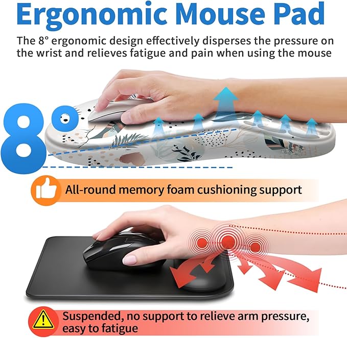 Ergonomic Mouse Pad with Wrist Rest Support, Mousepad with Comfortable Memory Foam Wrist Rest and Non-Slip PU Base for Pain Relief, Computer, Laptop, Office, Home (Boho Leaves)
