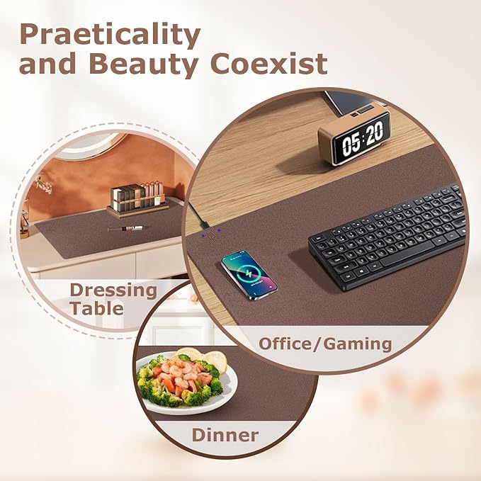 Wireless Charging Mouse Pad Firelison 2 in 1 Leather Multifunctional Office Desk Pad with Non-Slip Rubber Base, Waterproof Desk pad for Computers/Office/Work/Home/Decor（ 32" x 16"Brown - L）