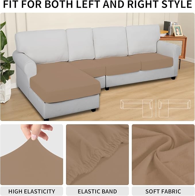 Easy-Going 100% Waterproof 4 Pieces Couch Cushion Covers for Sectional Sofa Left/Right L Shape Chaise Lounge Sofa Seat slipcover Anti-Slip Sofa Cover (3 Seater + 1 Chaise, Camel