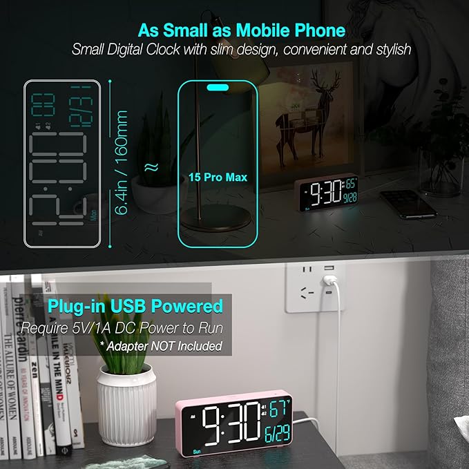 KOSUMOSU Alarm Clocks for Bedrooms, 6.7in Small Digital Clock, Auto Dimming, Room Temperature, Day of The Week, Date, Seconds, Digital Clocks for Living Room, Alarm Clock