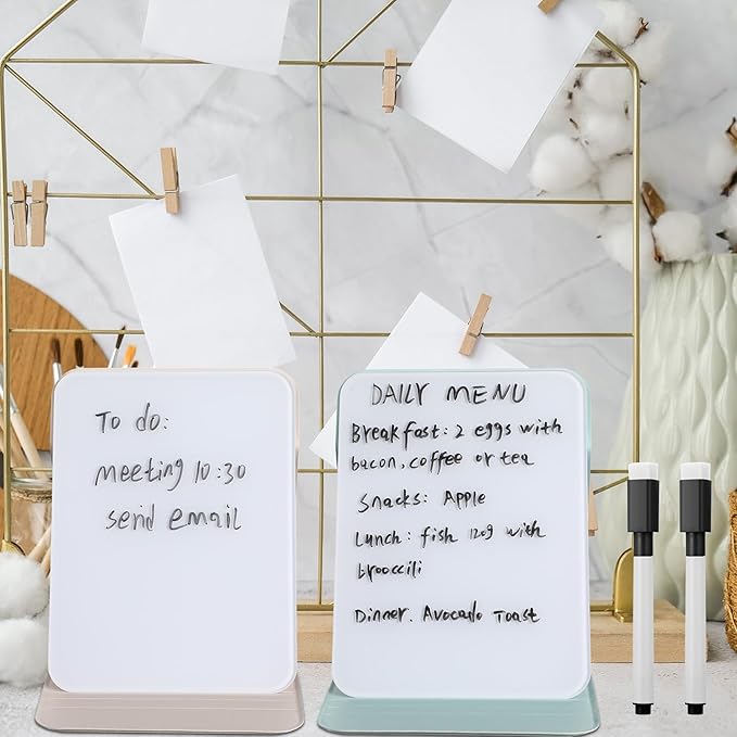 2 Pcs Small Glass Desktop Whiteboard with Reversable Stand 8 x 6 Inch Mini Dry Erase White Board Easel with 2 Markers Reusable Desk Notepad for Home Office School Supplies(White, Green)