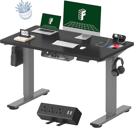 FLEXISPOT EN2 Whole-Piece Standing Desk with Clamp Power Strip, 48 x 24'' Electric Stand Up Height Adjustable Desk with Cable Management (Gray Frame + 48" Black Desktop, 2 Packages)