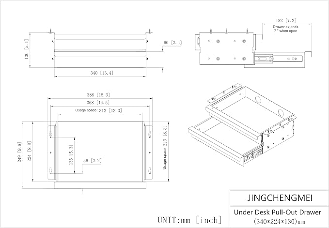 Dual Tier Under Desk Mounted Sliding Pull-out Drawer, 2 Layers W 15.3" x D 9.8" x H 5.1" Storage Organizer for Sit Stand Workstation, Metal, Black (2TierMedium)