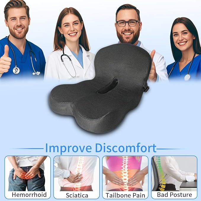 Memory Foam Seat Cushion,Office Chair Cushion with Lumbar Support for Back Pressure Relief, Car Seat Cushion with Adjustable Strap,Sciatica Pad Cushions for Car,Truck (Black+Mesh Cloth)