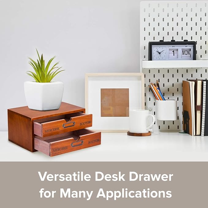 Vintage 2-Drawer Desk Organizer - Wood Countertop Drawer Organizers - 2-Tier Wooden Desktop Monitor Riser w/Drawers - Organization and Storage Drawers for Desk - Stackable Drawers - File Drawer Unit