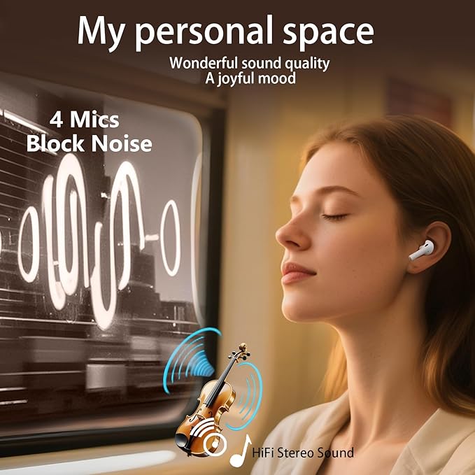 True Wireless Earbuds Bluetooth 5.3 Mic Noise Cancelling IPX7 Waterproof Hi-Fi Stereo Sound Long Battery Auto Pairing (Off-White)