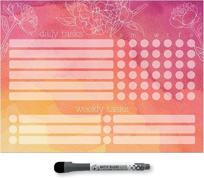 Dry Erase Whiteboard Task Planner | Removable and Restickable Adhesive Decal | Fine-Tip Magnetic Marker Included (9 x 12 inches, Peony)