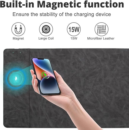 Magnetic 15W Fast Wireless Charging Desk Pad, 35.4"x16.8" Extra Large Mouse Pad, Microfiber Leather Office Desk Mat, Waterproof and Scratch-Resistant Mouse Mat for Office and Home Use, Grey Color