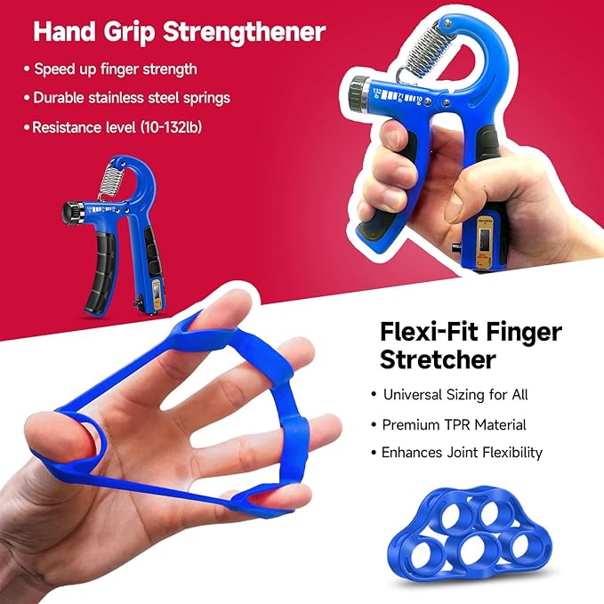 FitBeast Hand Grip Strengthener Workout Kit (5 Pack), 2 Forearm Grip Adjustable Resistance Hand Gripper, Finger Stretcher, Grip Ring & Stress Relief Grip Ball for Athletes