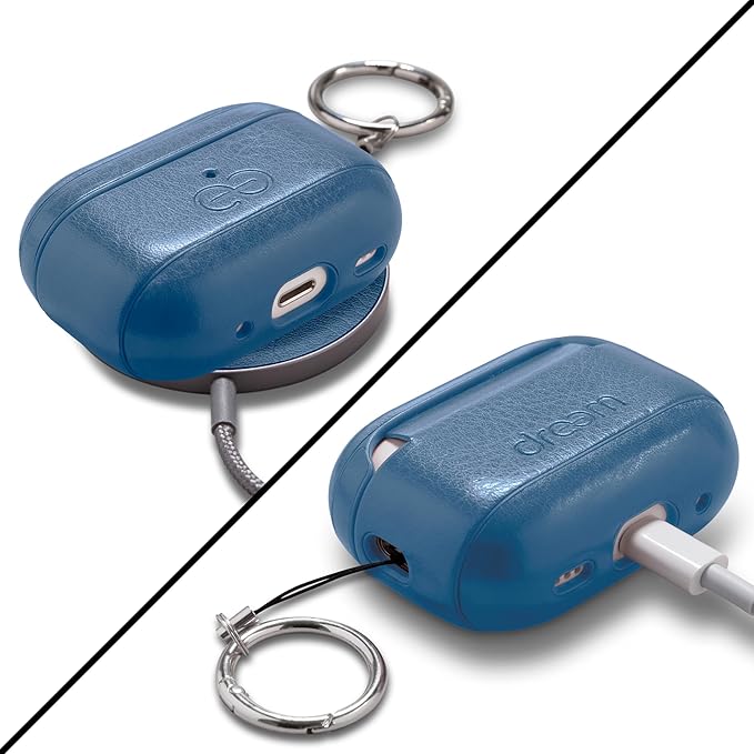 Dreem Om Case Cover with Keychain Clip Compatible with AirPods Pro 2/Pro, Protective One-Piece Hard Shell, Luxury Vegan Leather AirPod Pro Case 2nd/1st Generation with Separate Clip [Slate]