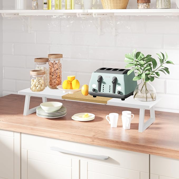 TEAMIX Dual Monitor Riser with Metal Leg, 31.5 inch Long Monitor Stand Riser Wide TV Stand Riser White Monitor Stand for 2 Monitors Wood & Steel Desktop Riser for Home Office Desk Organization